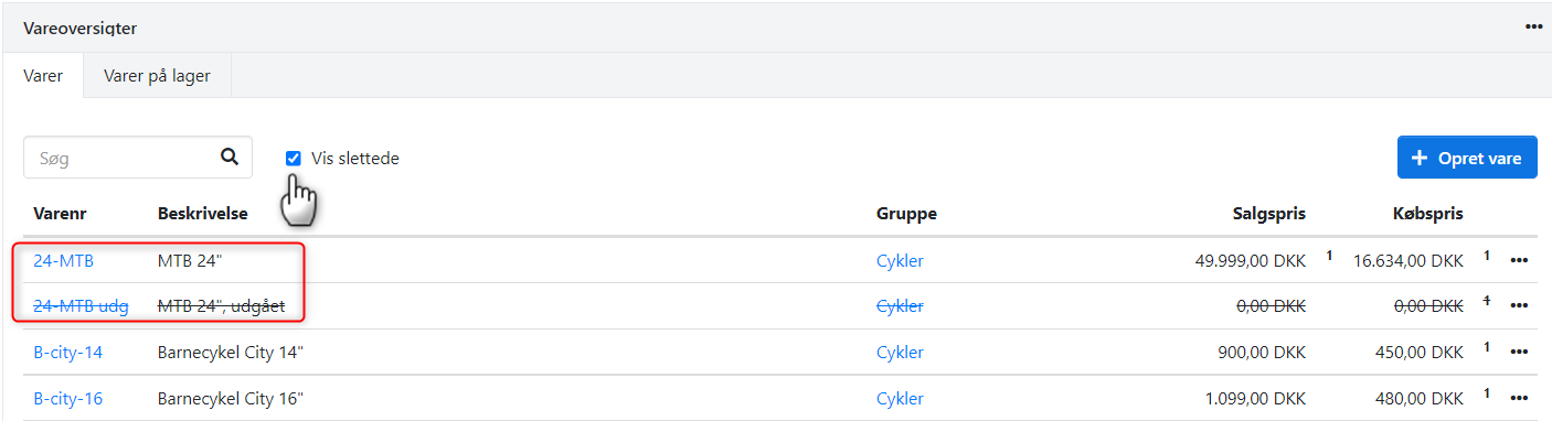 Skærmbillede fra vareoversigten i Xena: Der er sat tjektegn i "Vis slettede" og en vare er markeret som slettet.