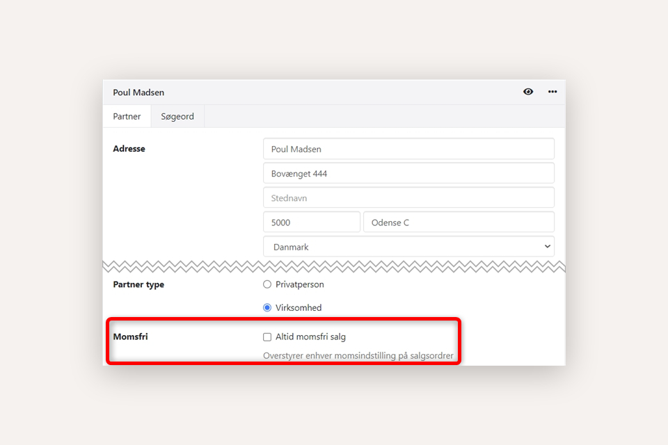 Opsætning af momsfri på en partner i Xena