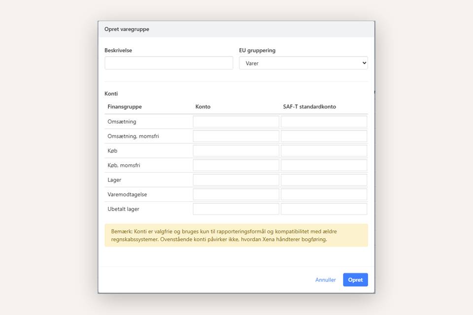 Opret en ny varegruppe i Xena