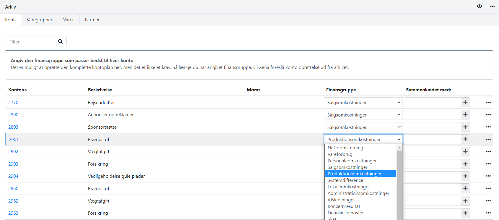 Overfør finanskonti fra arkivet til kontoplanen i Xena