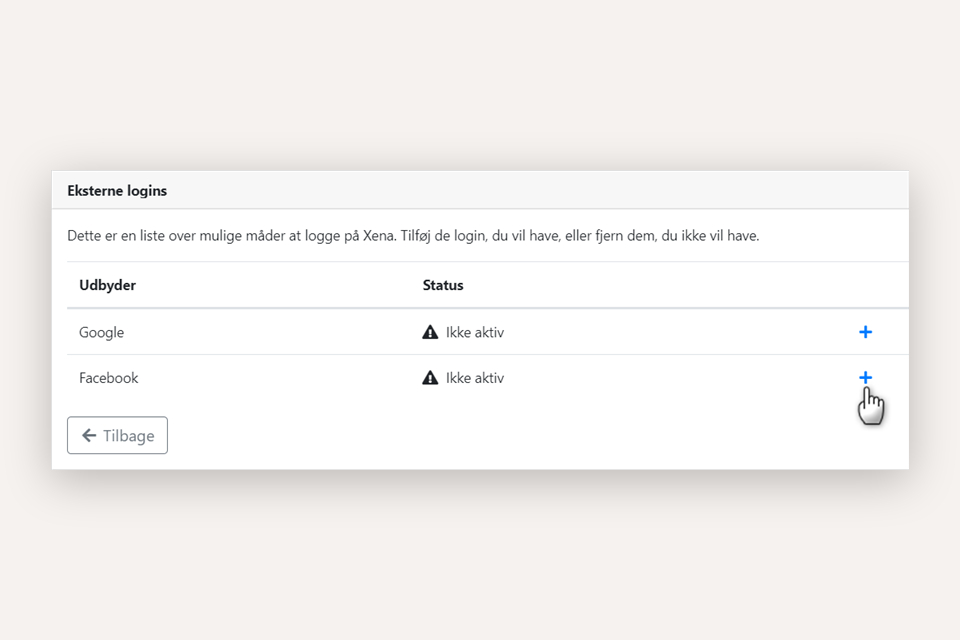 Sådan kan du tilføje elleer fjerne ekstern login tilknyttet din bruger i Xena