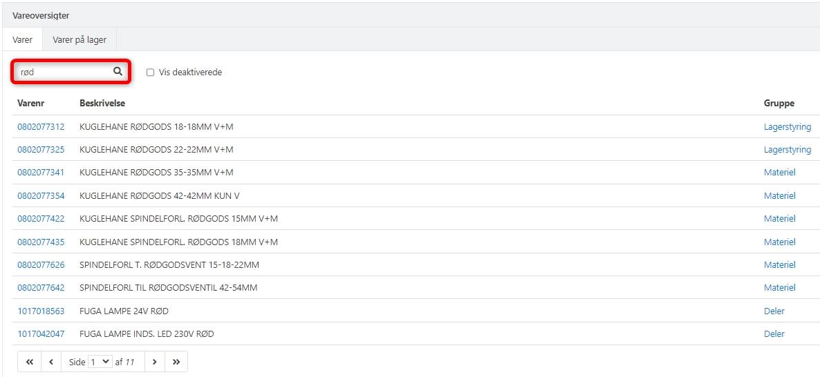 Eksempel på varesøgning efter ordet rød i Xena