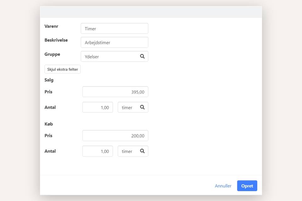 Dialog til oprettelse af en vare i Xena