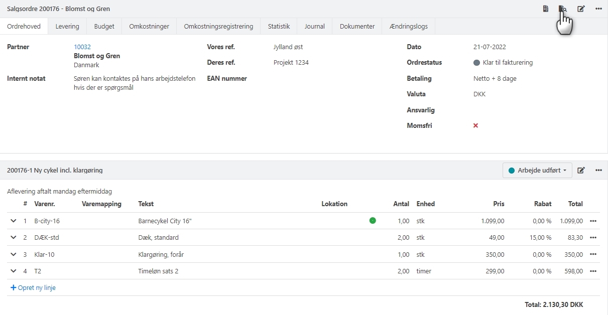 Her ses en ordre i Xena som er klar til fakturering
