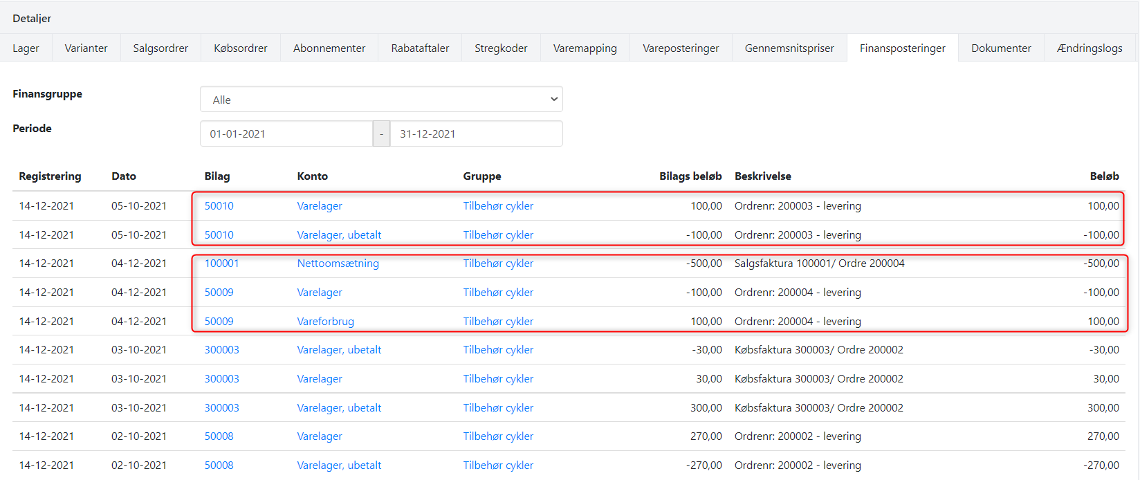 Første salgsfaktura på en vare i Xena samt ny købsleverance