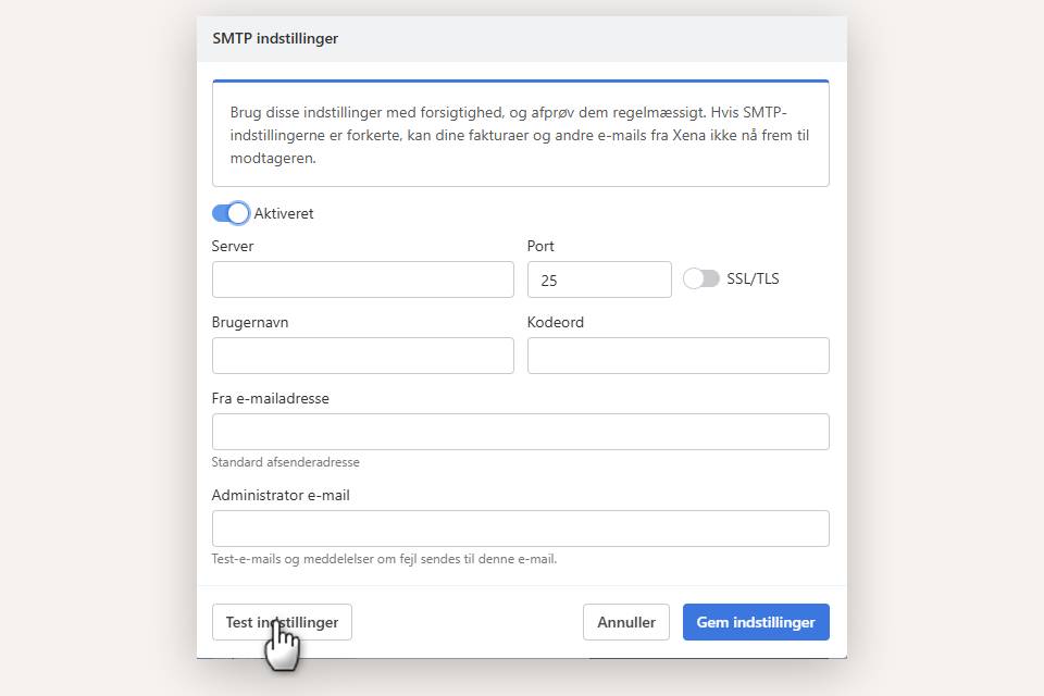 Test af SMTP indstillinger i Xena