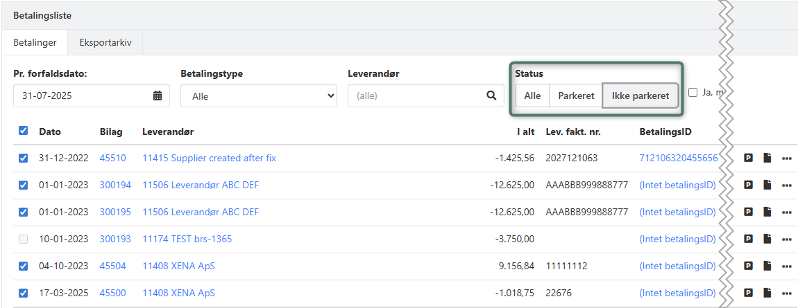 Filter på parkerede posteringer i betalingslisten i Xena