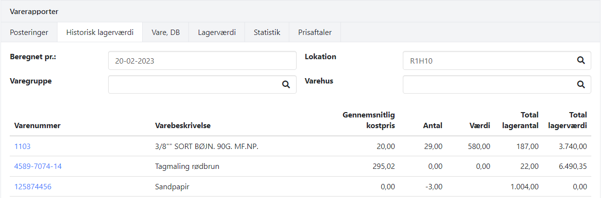 Lagerrapporten Historisk lagerværdi i Xena