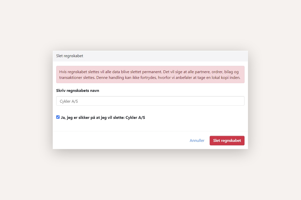 Bekræft at du vil slette dit regnskab i Xena