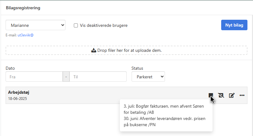 Se dine noter på bilag i bilagsregistrering i Xena