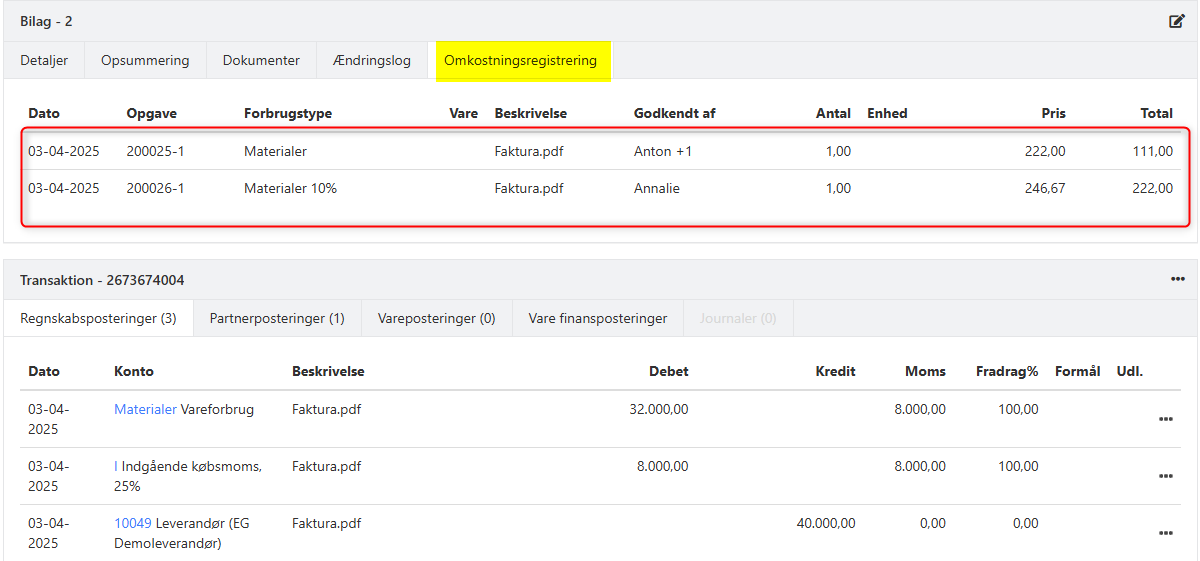 Bilag med Ordreomkostninger bogført
