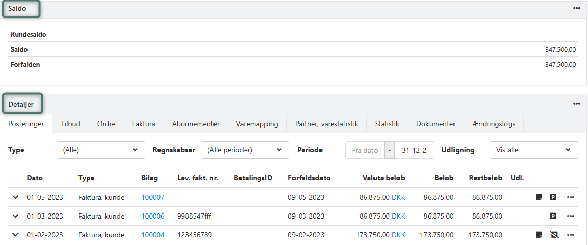 Partnerens saldo og posteringer i xena