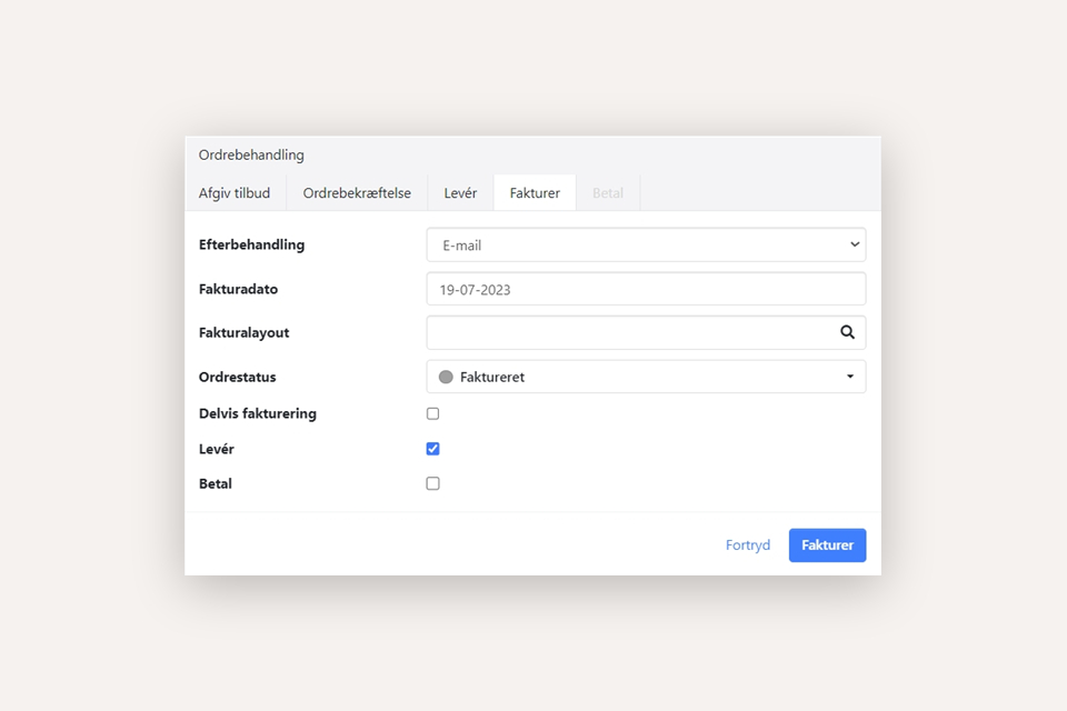 Ordreprocessdialogen i Xena hvorfra tilbud, fakturaer m.v. oprettes