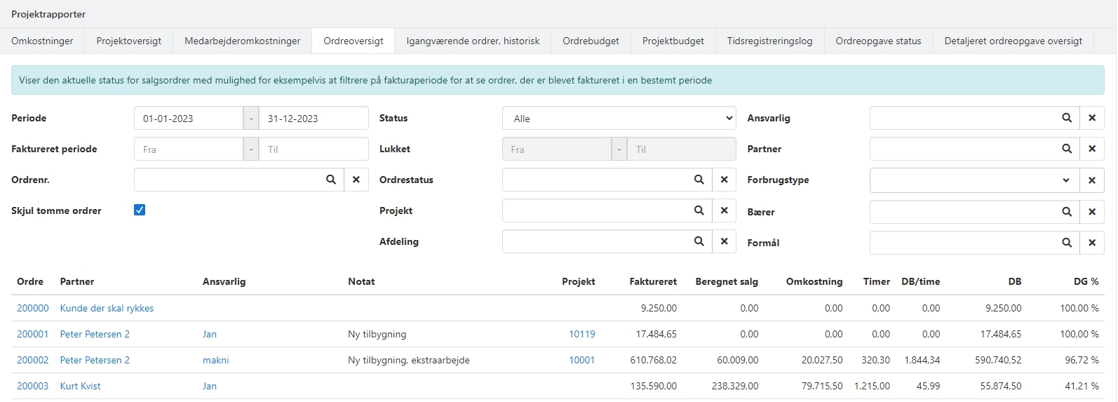 Eksempel på projektrapporten Ordreoversigt i Xena