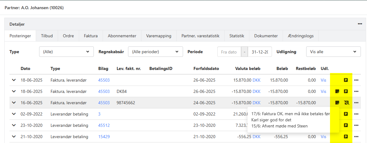 Opret noter samt sæt parkeringsmarkering på partnerposteringer i Xena
