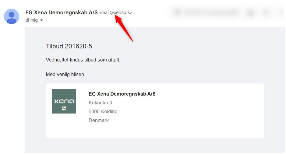 Eksempel på en e-mail sendt fra Xena uden egne smtp indstillinger