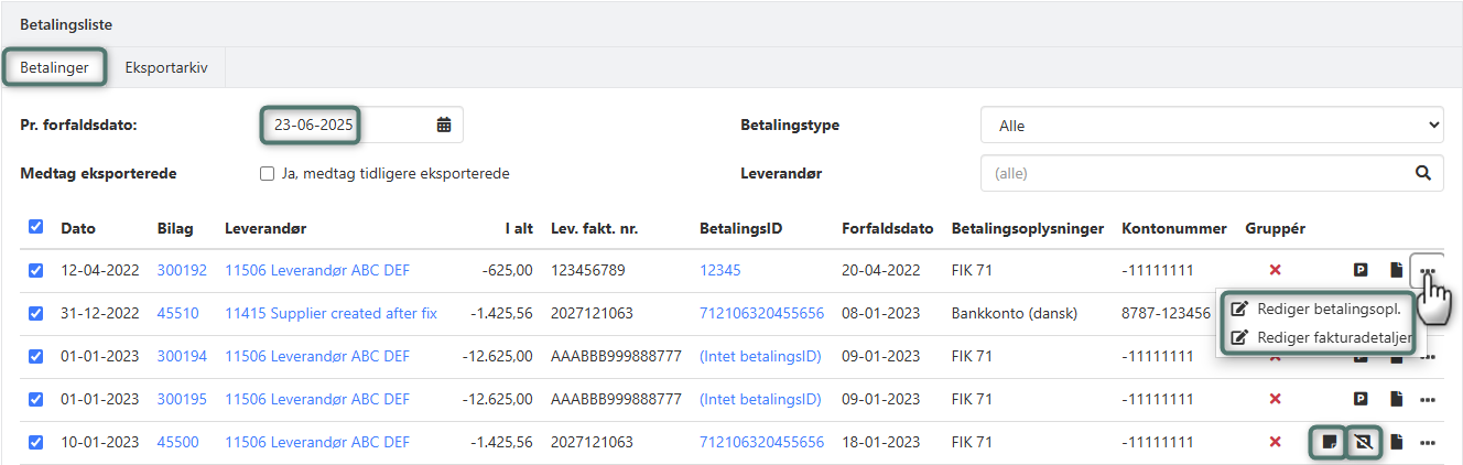 Forslag til eksport af betalinger til banken i Xena