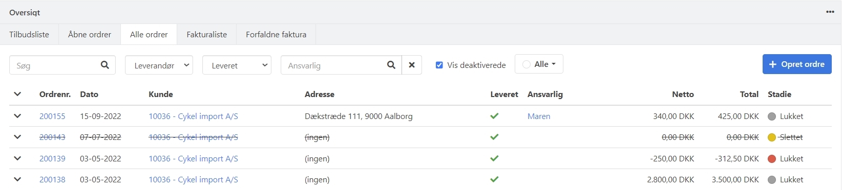 Du kan vælge også at se deaktiverede ordrer i Xenas ordreoversigt
