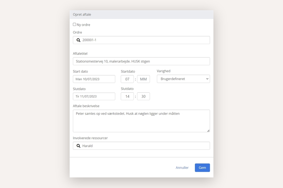 Opret en ny kalenderaftale i Xena