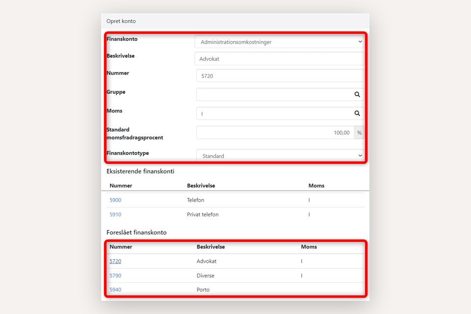 Dialogen til oprettelse af en ny finanskonto i Xena