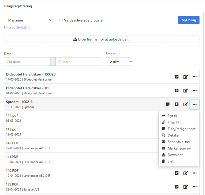 Actions for a voucher in Voucher Registration in Xena